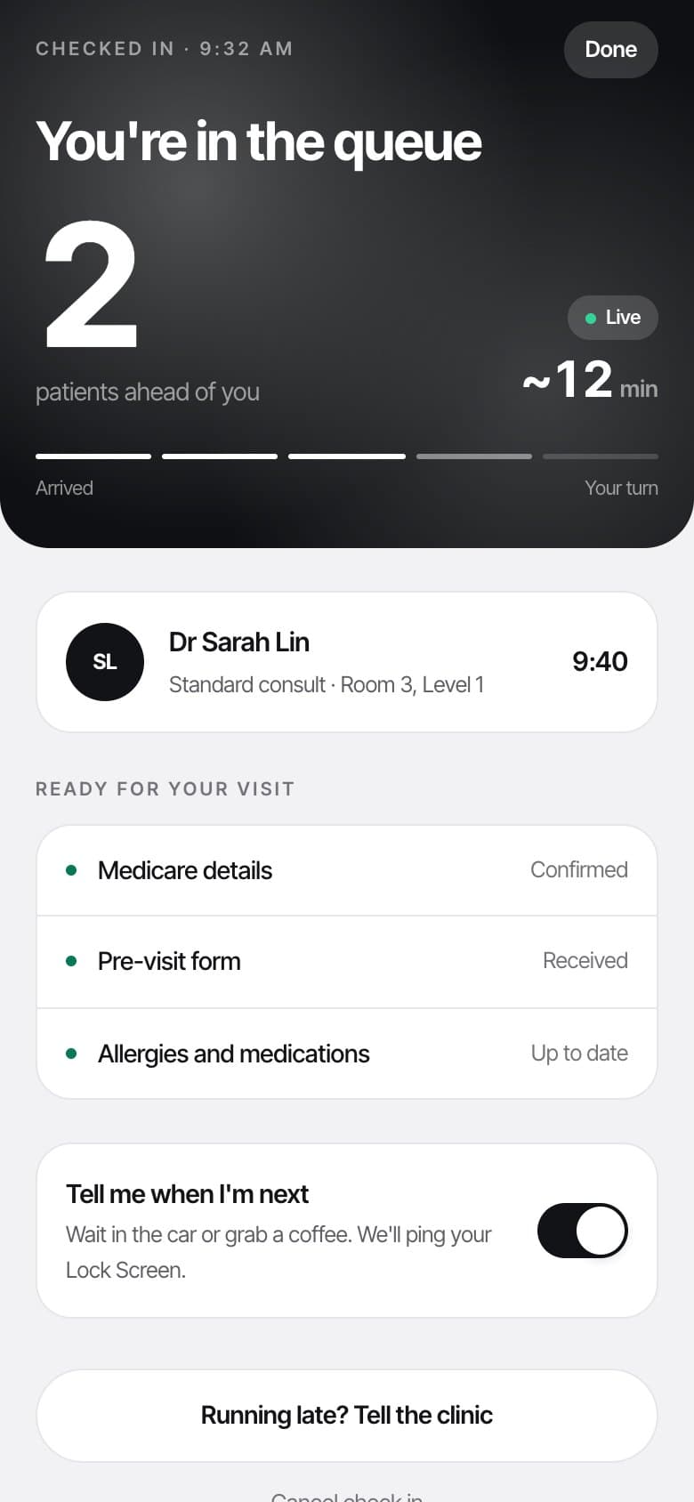 Patient app: Waiting room