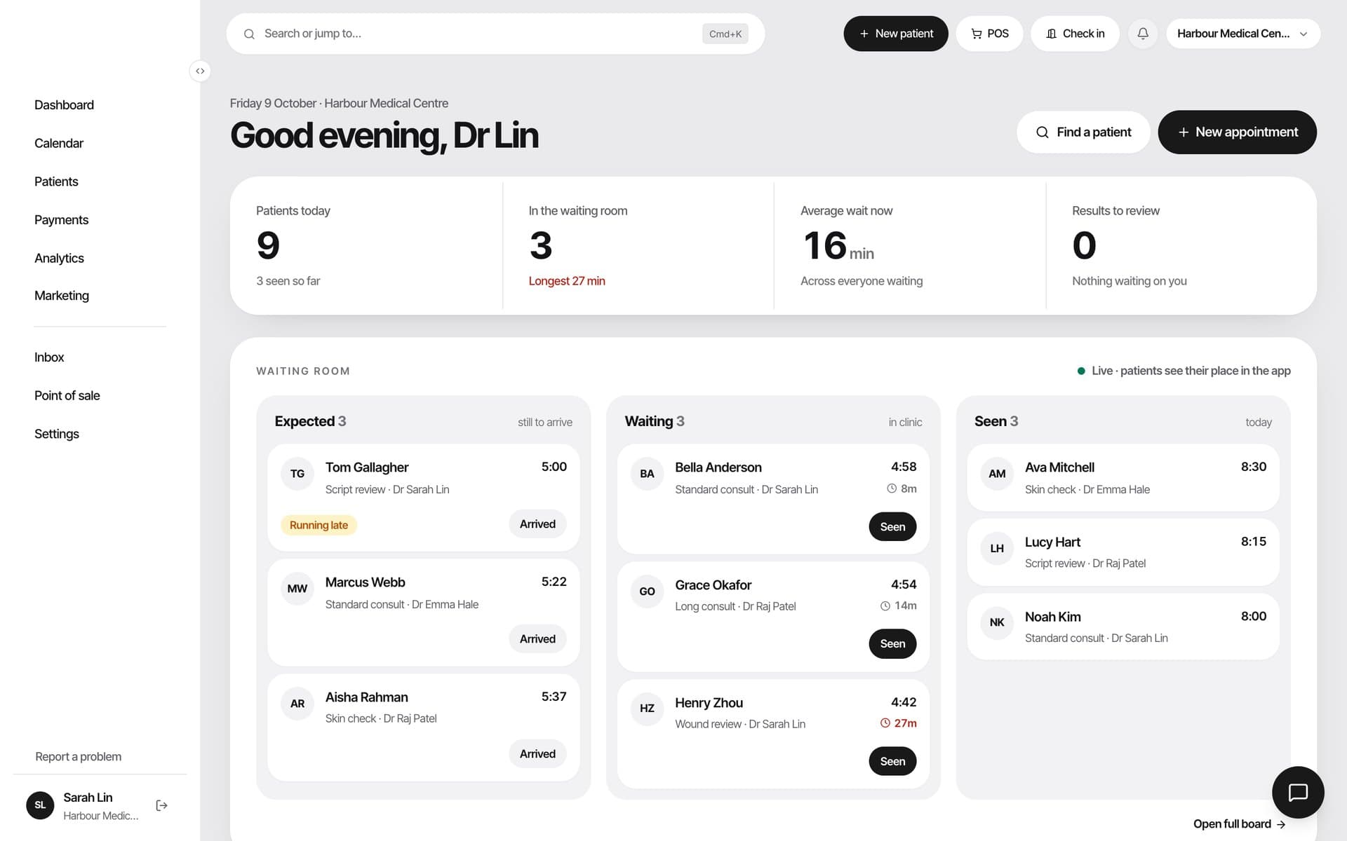 The Kollabo OS Medical dashboard: waiting room, doctors running time and results inbox