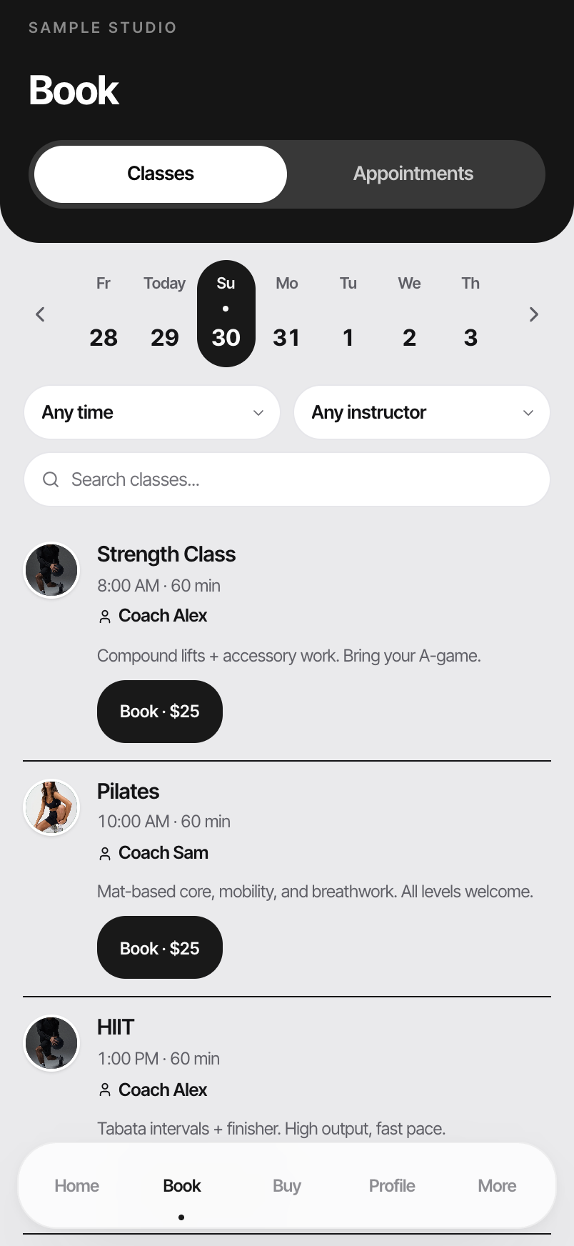 Booking a class and paying in the branded member app