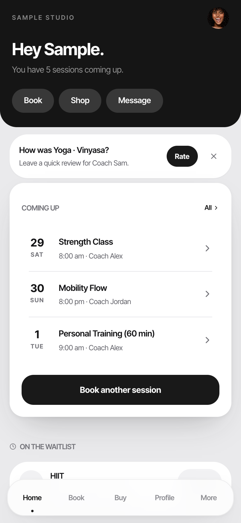 Member home screen in the branded Kollabo app with upcoming sessions