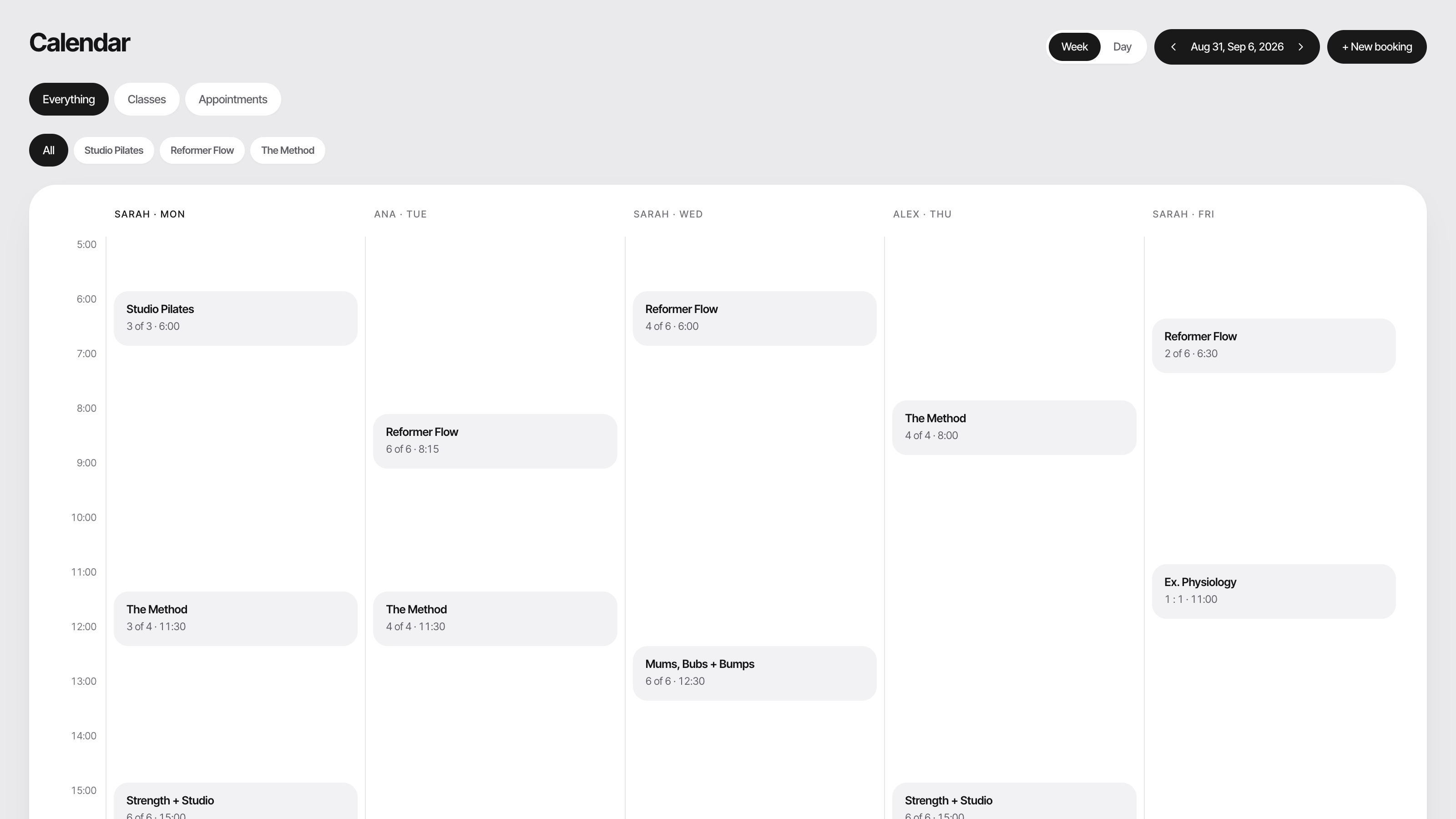 Weekly class timetable in the Kollabo dashboard, conflict-checked across staff