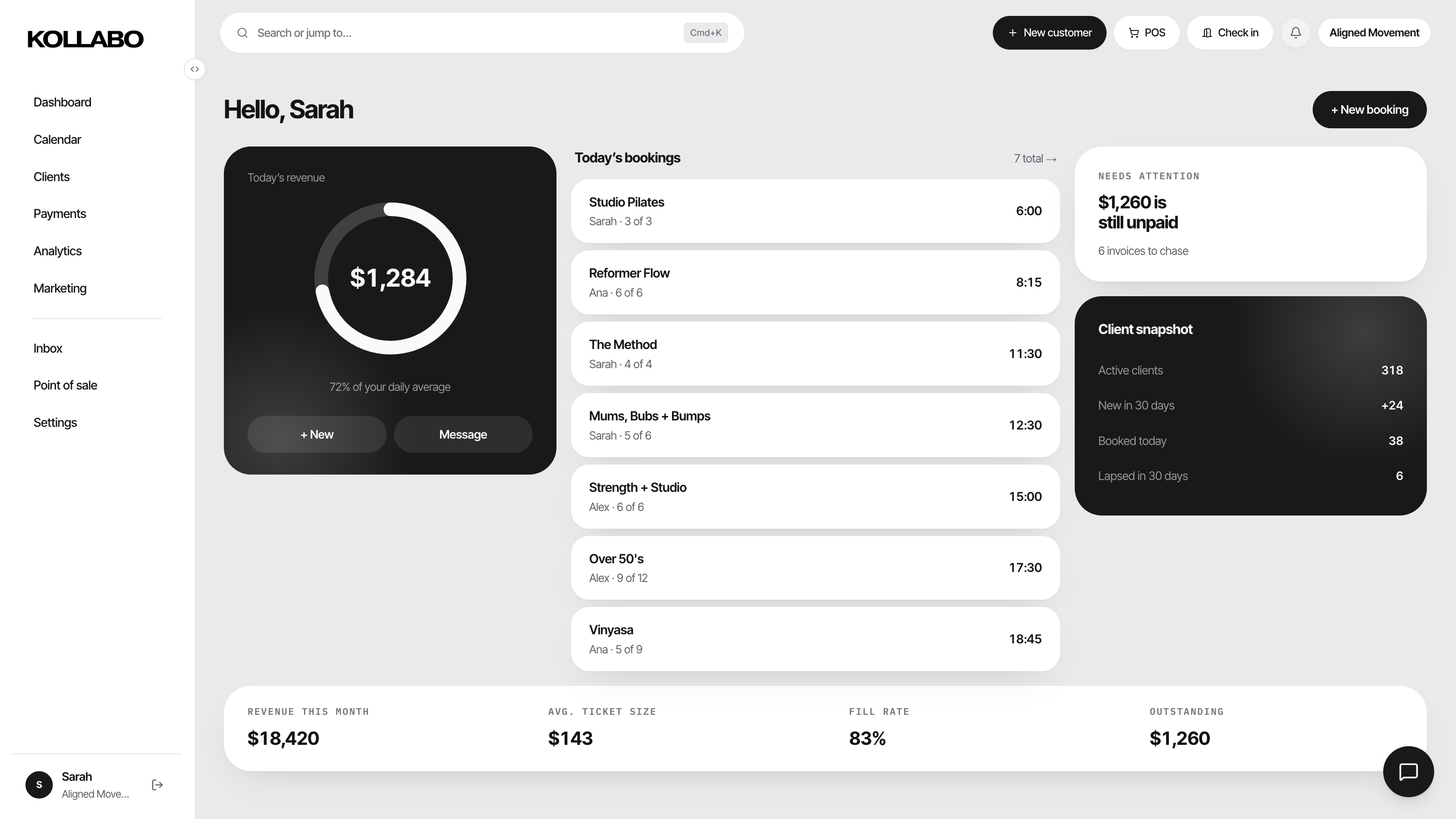 Kollabo OS studio dashboard, bookings, revenue, and members at a glance
