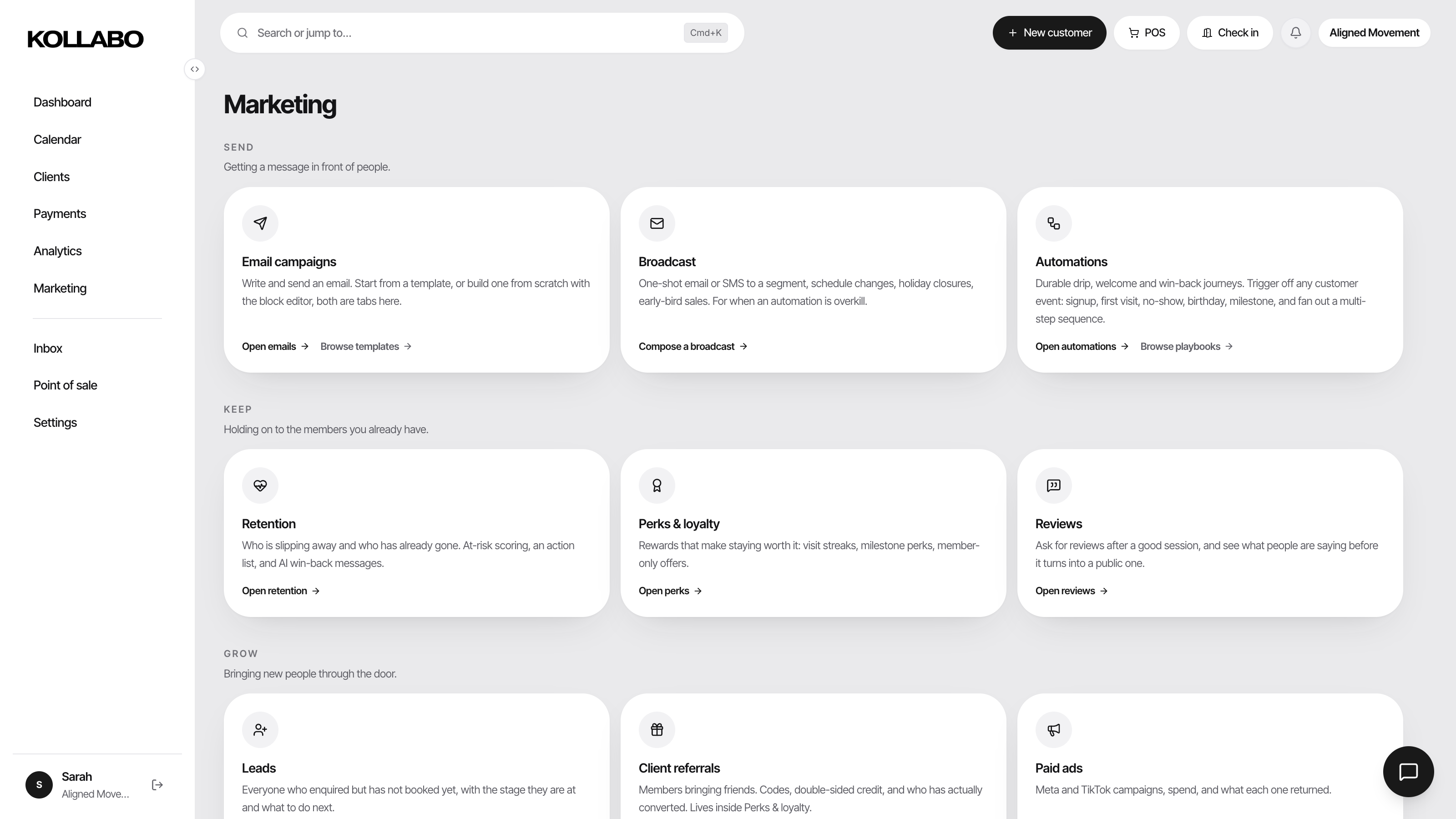 The Kollabo marketing hub: email campaigns, broadcasts, and automations in one place